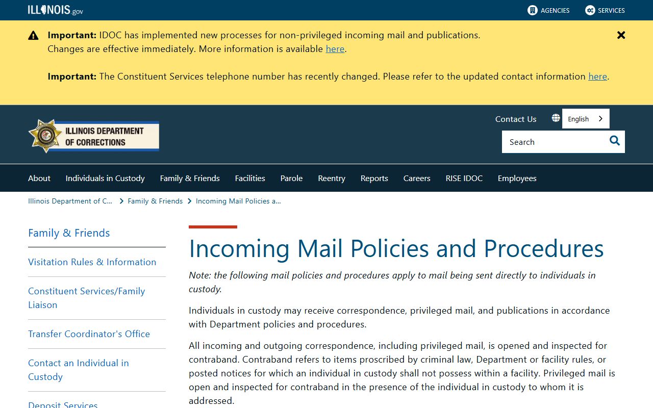 IDOC incoming mail rules for Vienna Correctional Center in Johnson County
