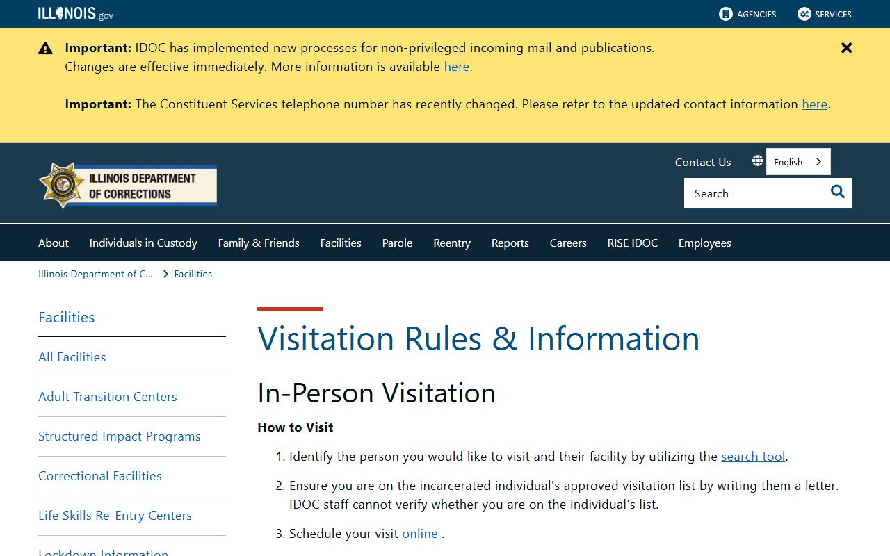 IDOC visitation rules for Shawnee Correctional Center in Johnson County