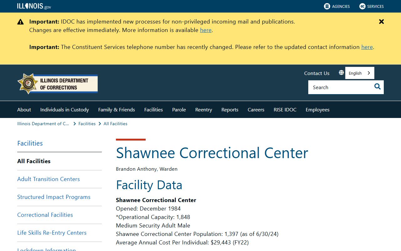 IDOC Shawnee Correctional Center page with Johnson County state prison population and capacity