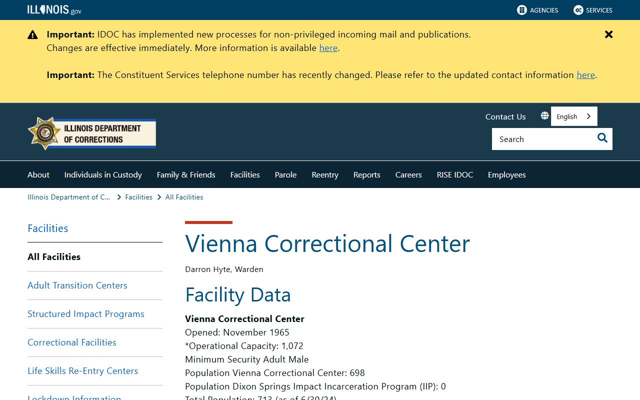 IDOC Vienna Correctional Center page with Johnson County state prison population and capacity