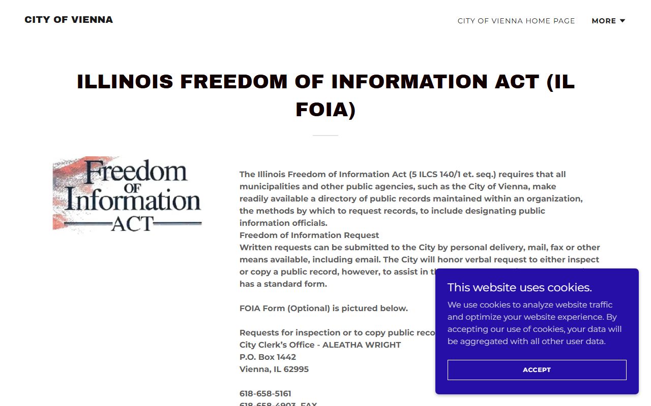 City of Vienna FOIA page for requesting Johnson County booking records